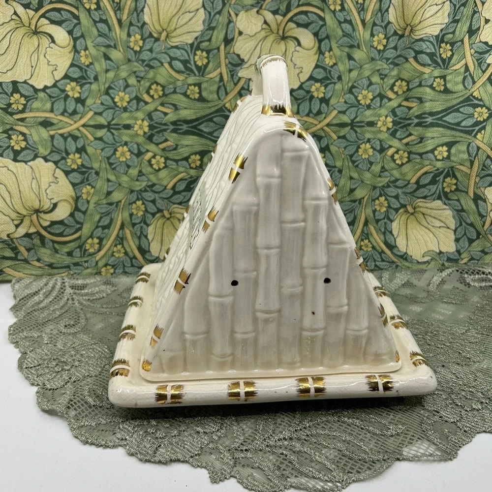 Vintage Cheese Keeper Block Triangle Ceramic Covered Vented Dish Gold White